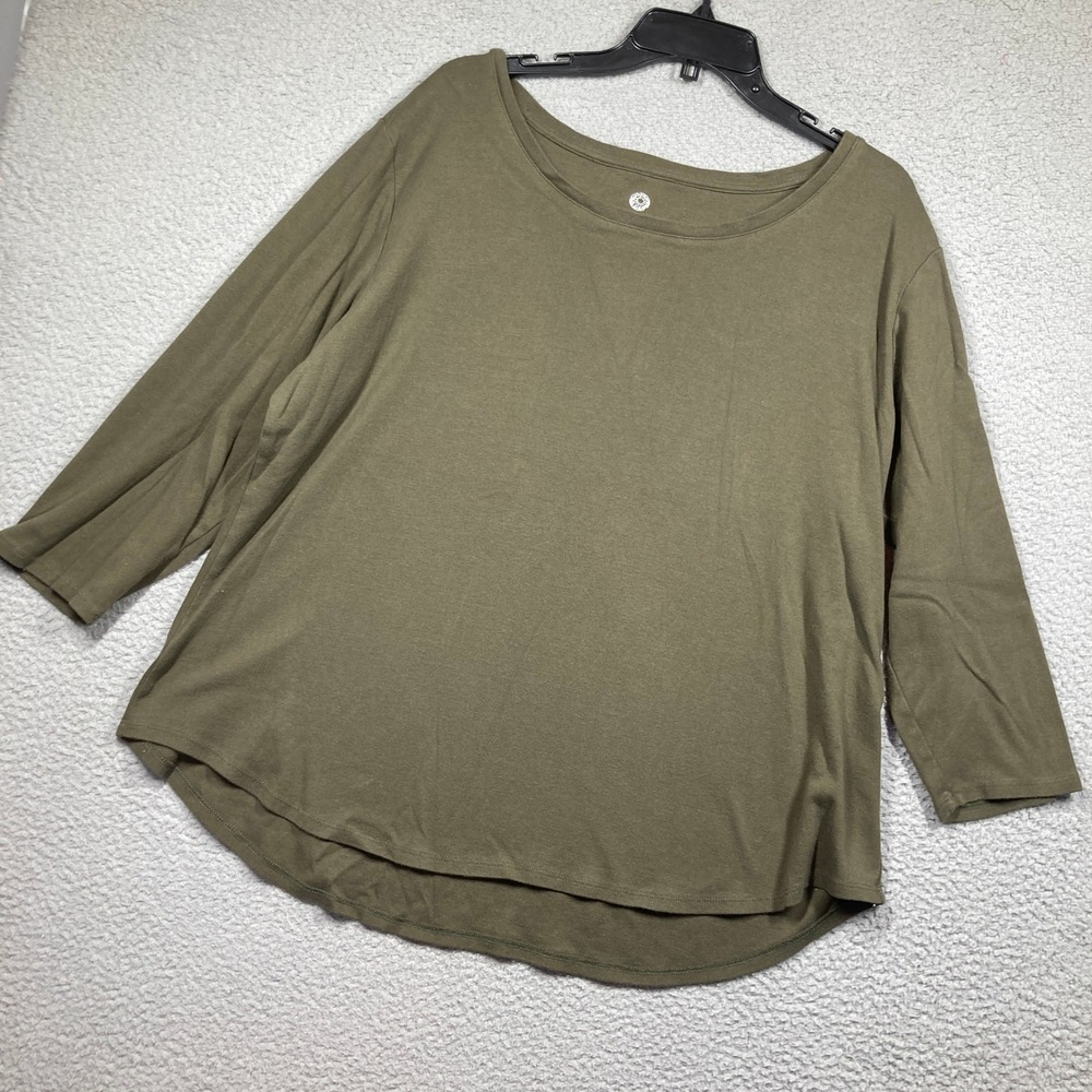 Ruby Rd Top Womens 3X Olive Green 3/4 Sleeve Cotton Scoop Neck Curved Hem STAIN